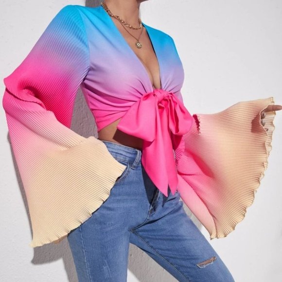 RAINBOW Print Knot Front Flounce Sleeve Top - Picture 5 of 7